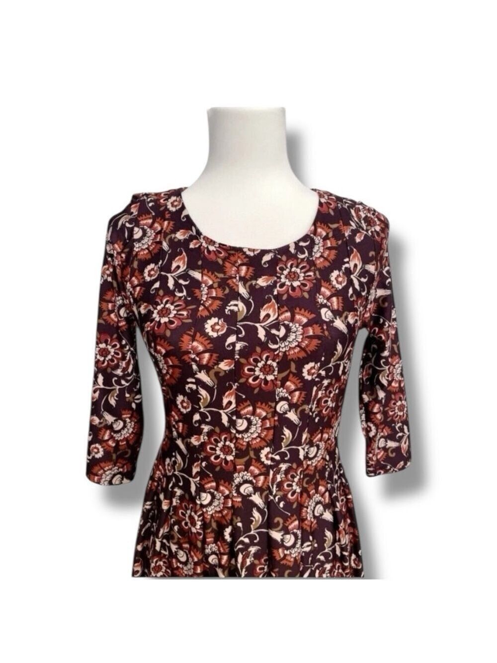 Shelby & Palmer Burgundy Floral Fit & Flare Midi Dress 3/4 Sleeve Women’s Small - Picture 4 of 9